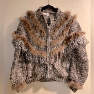 Vintage JB Originals Brown Fox & Wool Knit Sweater Zip Front Jacket - Size M/L